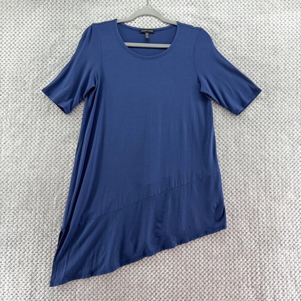 Eileen Fisher Top Womens XS Blue Jersey Stretch Pullover Crew Neck Short Sleeve